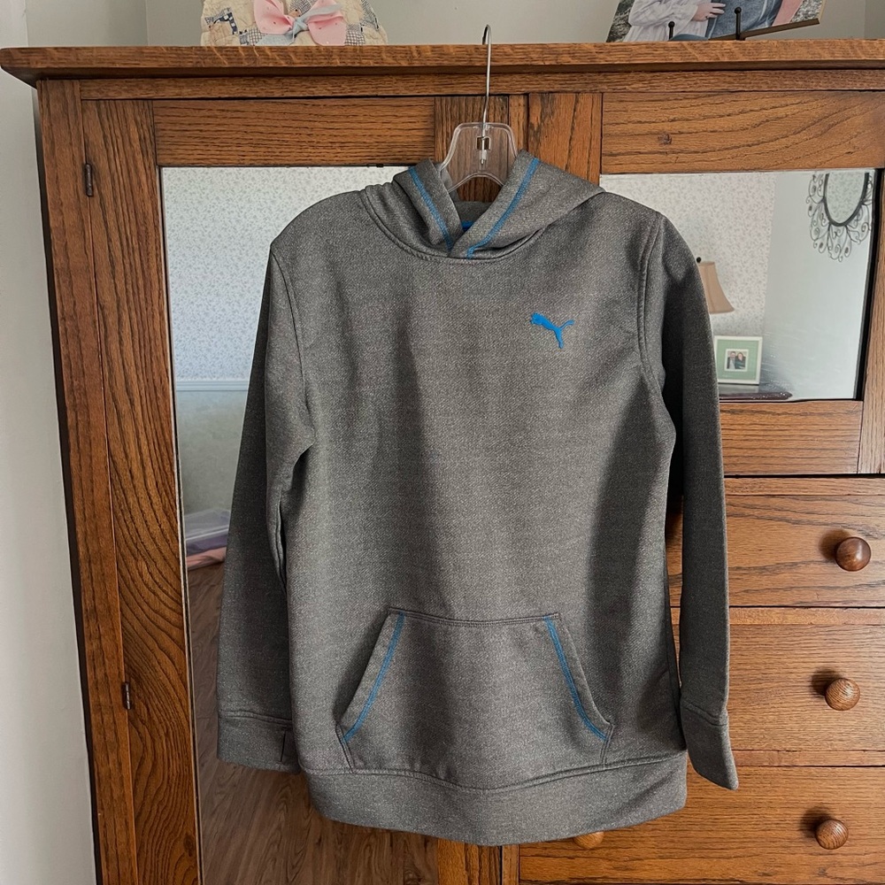 Boys Puma Gray Pullover Hoodie With Blue Accents